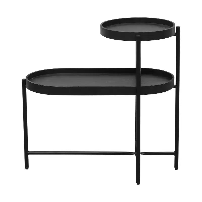 Table d'appoint noire à 2 niveaux avec structure en métal et plateau en bois pour salon