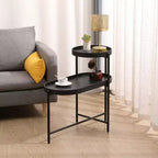 Table d'appoint noire à 2 niveaux avec structure en métal et plateau en bois pour salon