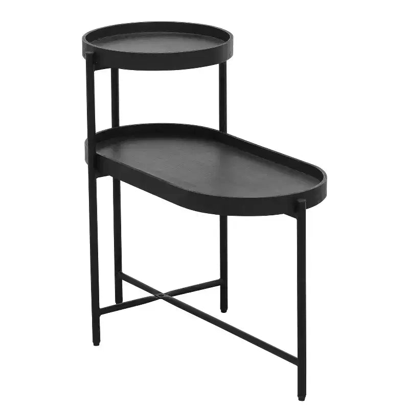 Table d'appoint noire à 2 niveaux avec structure en métal et plateau en bois pour salon