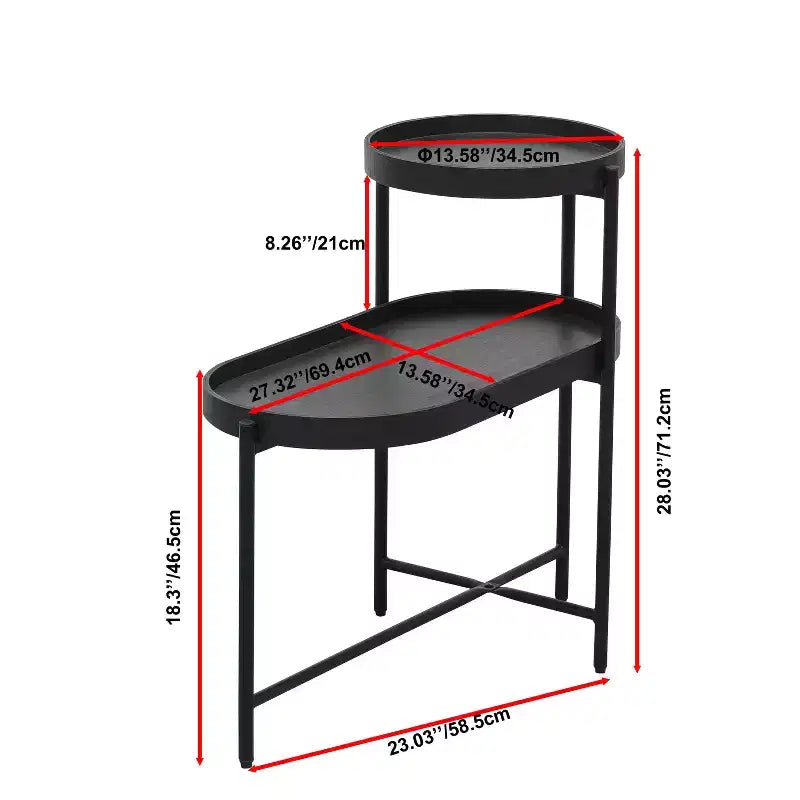 Table d'appoint noire à 2 niveaux avec structure en métal et plateau en bois pour salon