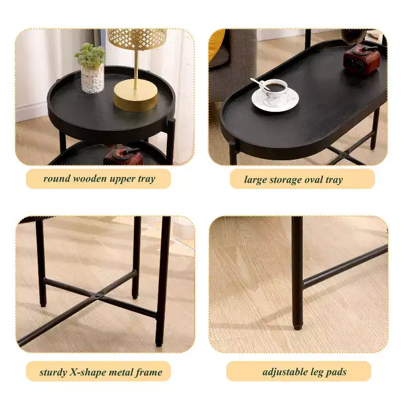 Table d'appoint noire à 2 niveaux avec structure en métal et plateau en bois pour salon