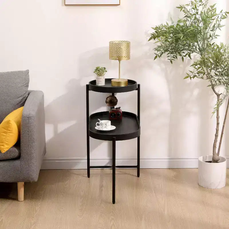 Table d'appoint noire à 2 niveaux avec structure en métal et plateau en bois pour salon