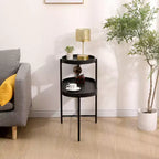 Table d'appoint noire à 2 niveaux avec structure en métal et plateau en bois pour salon