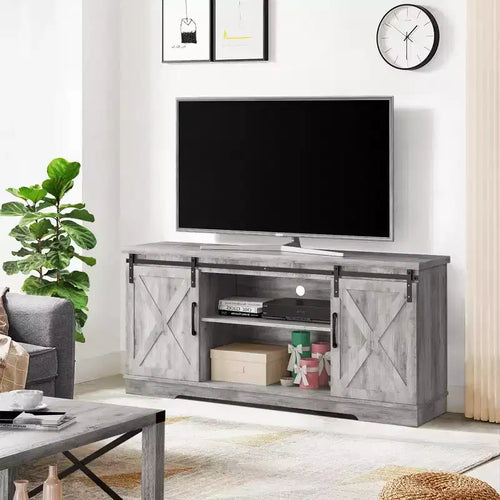 Farmhouse TV Stand for 65 Inch TVs, Barn Doors TV Stand with Storage and Shelves, Modern TV Console Table Furniture