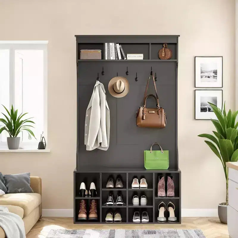 Meuble d'entrée noir de 180 cm - Avec rangement à chaussures et 7 crochets, banc autoportant réglable pour vestibule