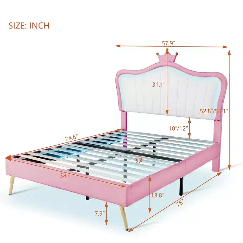 Tête de lit couronne lit double princesse pour filles, cadre de lit double rembourré avec lumières LED pour enfants, rose