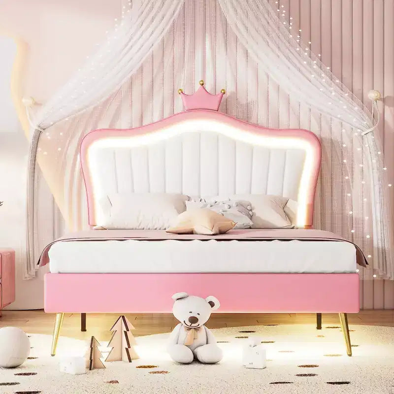 Tête de lit couronne lit double princesse pour filles, cadre de lit double rembourré avec lumières LED pour enfants, rose
