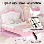 Tête de lit couronne lit double princesse pour filles, cadre de lit double rembourré avec lumières LED pour enfants, rose