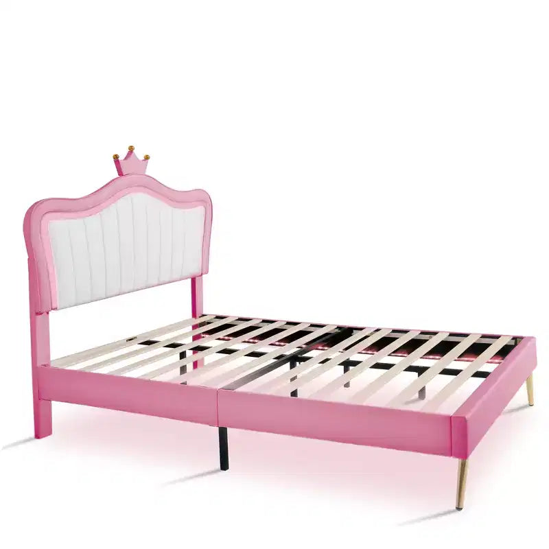 Tête de lit couronne lit double princesse pour filles, cadre de lit double rembourré avec lumières LED pour enfants, rose