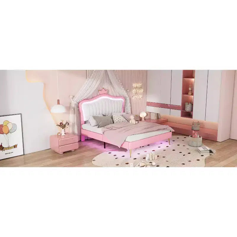 Tête de lit couronne lit double princesse pour filles, cadre de lit double rembourré avec lumières LED pour enfants, rose