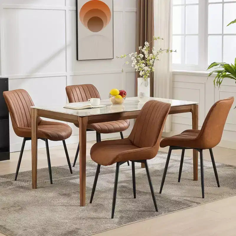 Lot de 2 chaises de salle à manger, assise rembourrée en similicuir moderne avec pieds en métal robustes, chaises d'appoint pour cuisine et salle à manger au design linéaire, marron