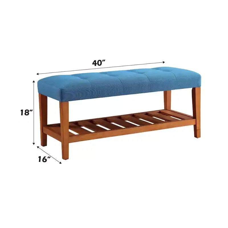 Bancs de rangement en tissu bleu clair et finition chêne