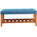 Bancs de rangement en tissu bleu clair et finition chêne