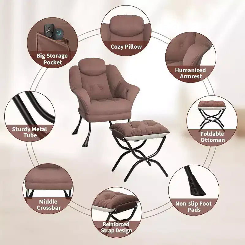 Fauteuil paresseux, Chaises de salon modernes, Fauteuil de lecture ergonomique avec accoudoirs, Fauteuil confortable avec pouf pour chambre et bureau