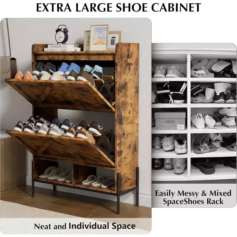 Meuble à chaussures 2 tiroirs – Organisateur d'entrée style ferme en rotin pour 20 paires (autonome, assemblage sans outil)