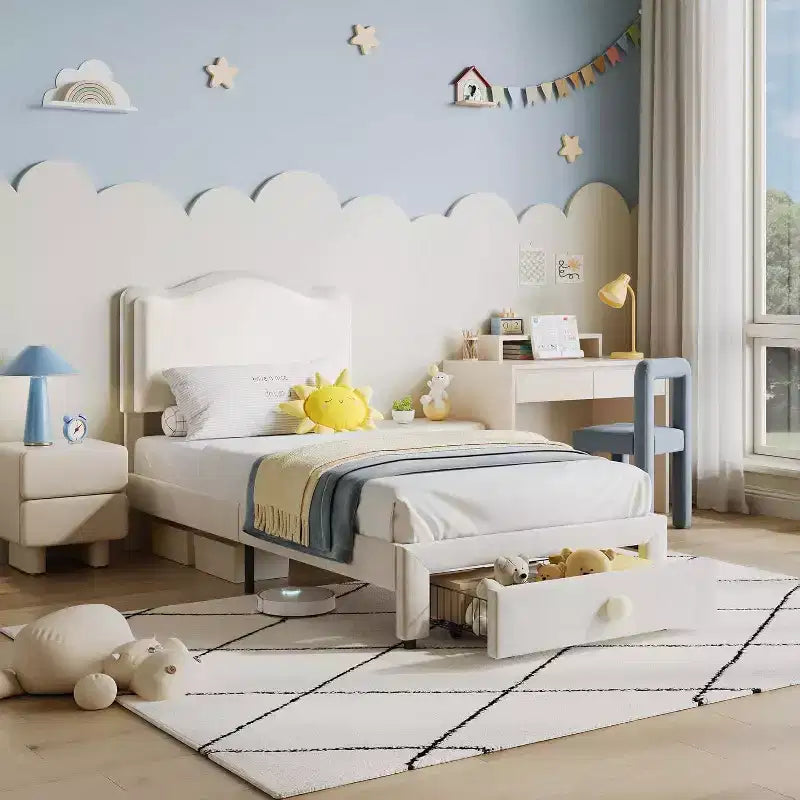Cadre de lit rembourré pour enfants avec tête de lit et tiroir de rangement, Velours