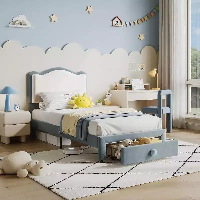 Cadre de lit rembourré pour enfants avec tête de lit et tiroir de rangement, Velours