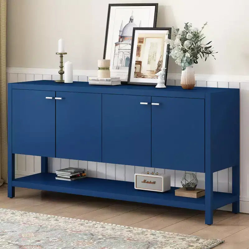 Console longue moderne de 151,4 cm avec grand espace de rangement, table d'entrée avec 4 portes et poignées métalliques, table d'appoint pour salon