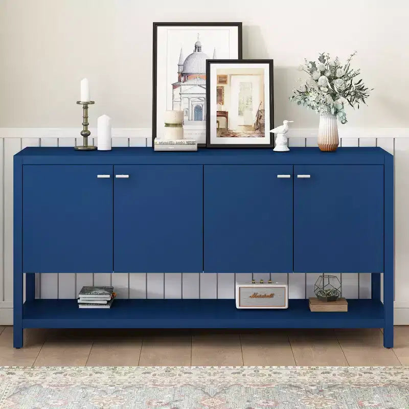 Console longue moderne de 151,4 cm avec grand espace de rangement, table d'entrée avec 4 portes et poignées métalliques, table d'appoint pour salon
