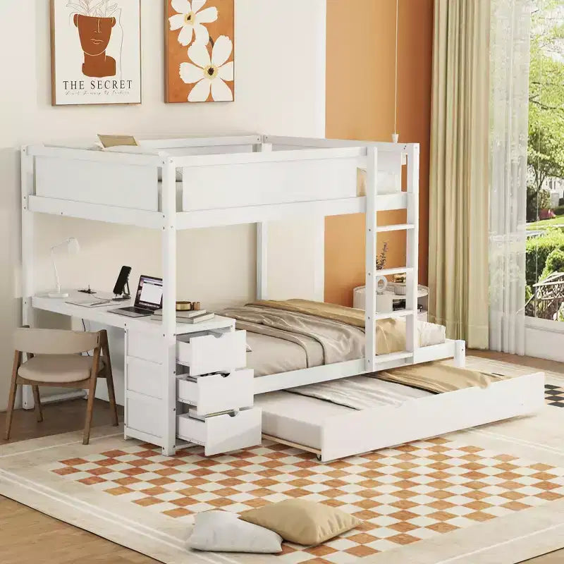 Lit superposé double sur double avec lit gigogne et bureau, cadre de lit superposé en bois massif avec tiroirs de rangement et étagères pour chambre d'enfants et d'adultes