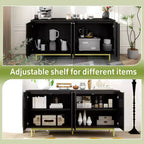 Console en bois de 58 po avec 4 portes cannelées et tablettes ajustables, buffet moderne de rangement pour salon, cuisine et entrée