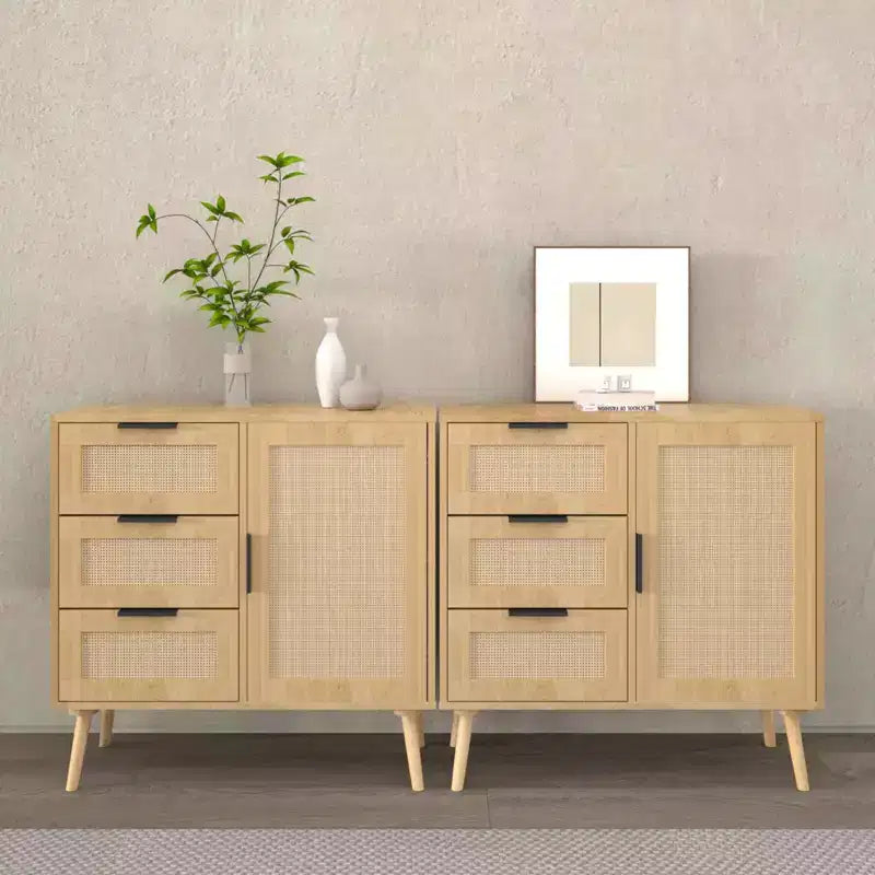 Commode à 3 tiroirs en rotin et bois, meuble de rangement