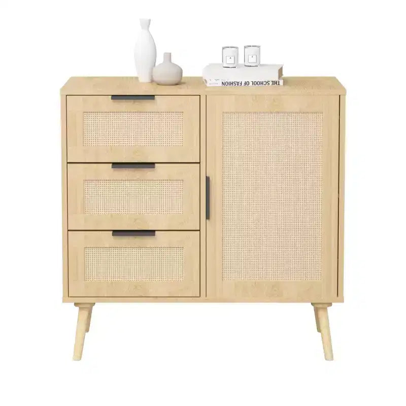 Commode à 3 tiroirs en rotin et bois, meuble de rangement