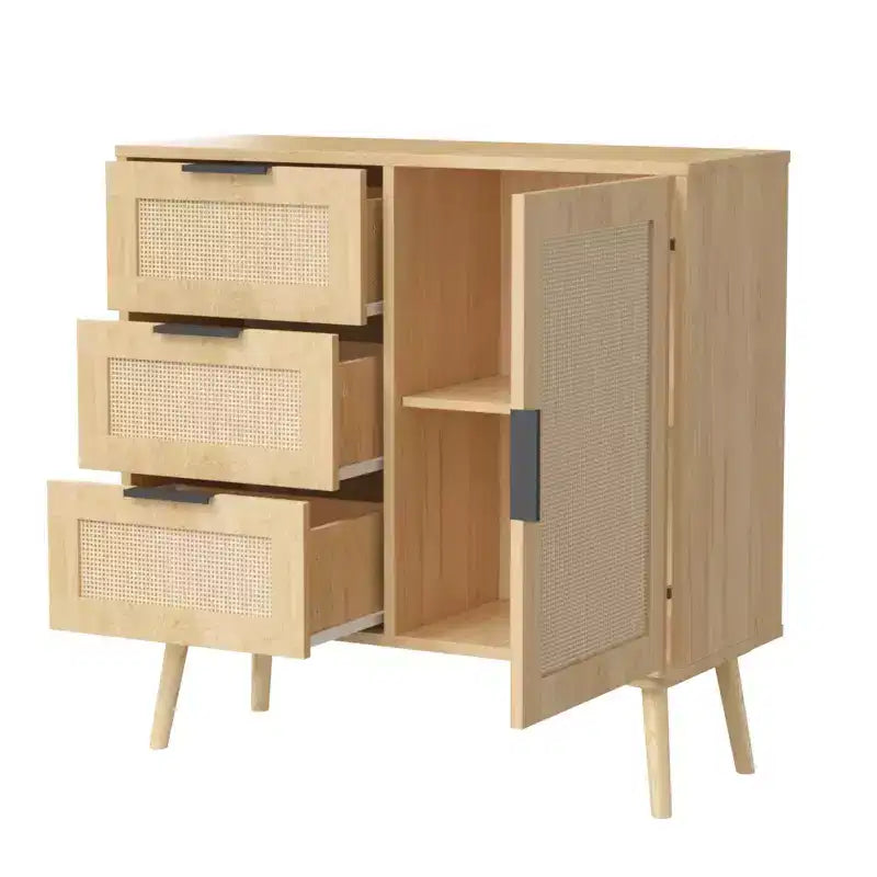 Commode à 3 tiroirs en rotin et bois, meuble de rangement