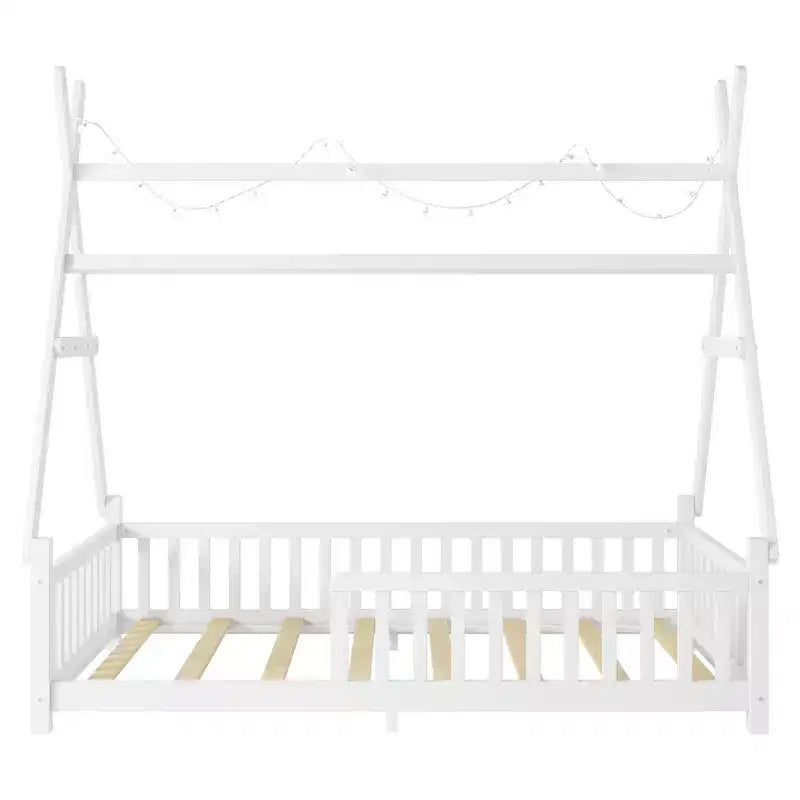 Lit cabane jumeau avec lumière, lit cabane au sol avec clôture et toit, conception de sécurité