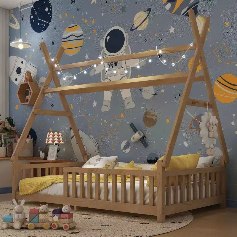 Lit cabane jumeau avec lumière, lit cabane au sol avec clôture et toit, conception de sécurité