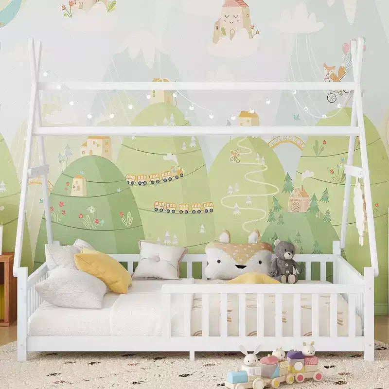 Lit cabane jumeau avec lumière, lit cabane au sol avec clôture et toit, conception de sécurité