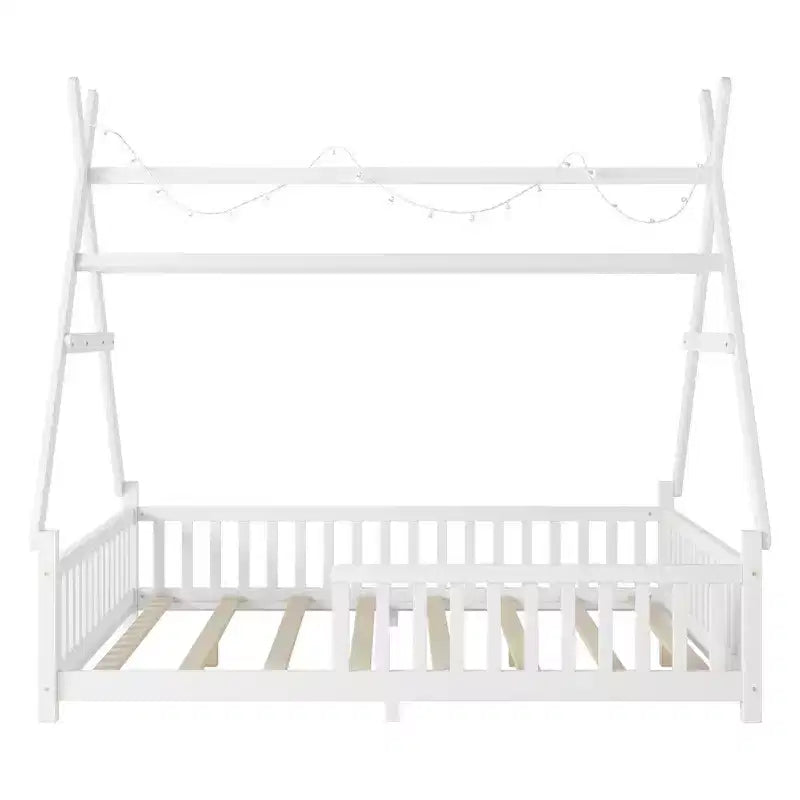 Lit cabane jumeau avec lumière, lit cabane au sol avec clôture et toit, conception de sécurité