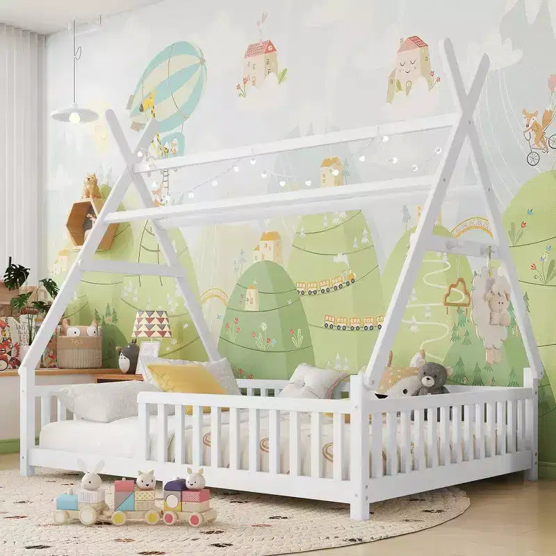 Lit cabane jumeau avec lumière, lit cabane au sol avec clôture et toit, conception de sécurité