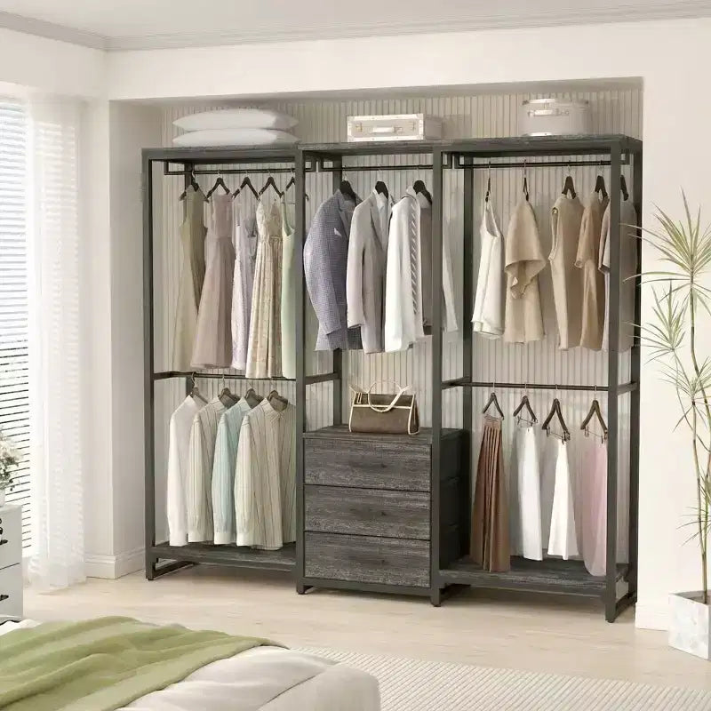 Portant à vêtements avec tiroirs en tissu, système d'organisation de placard autoportant