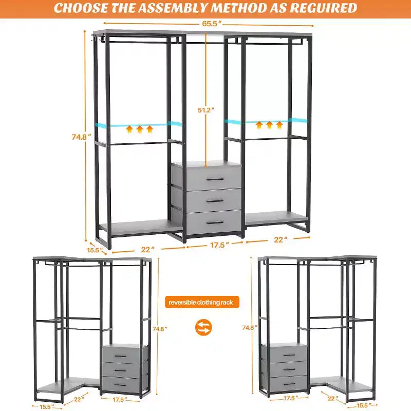 Portant à vêtements avec tiroirs en tissu, système d'organisation de placard autoportant