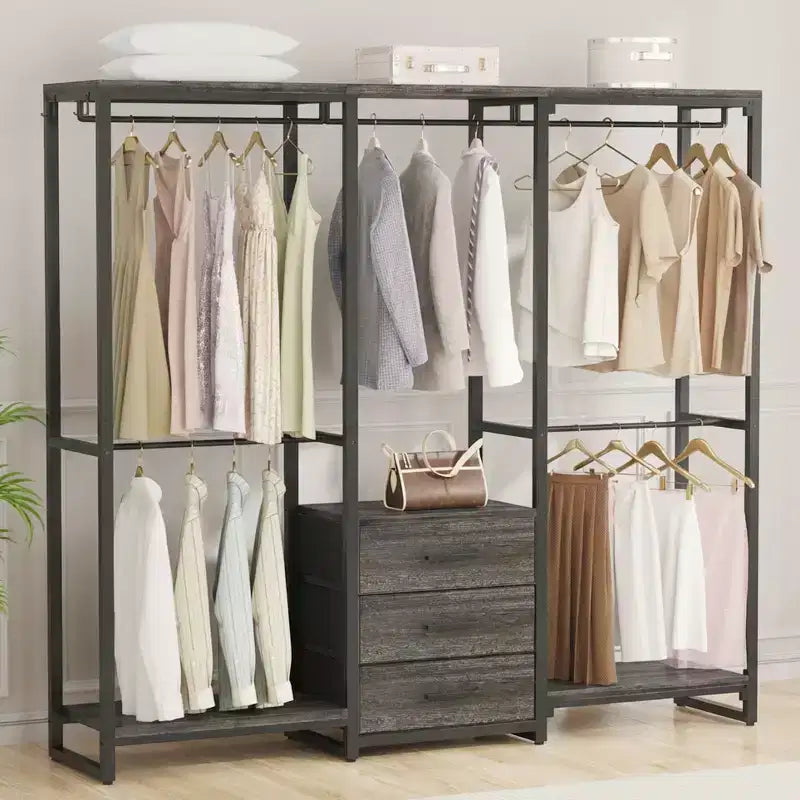 Portant à vêtements avec tiroirs en tissu, système d'organisation de placard autoportant