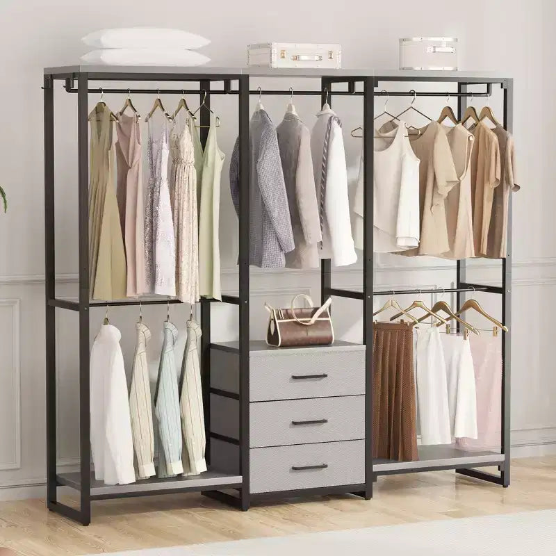 Portant à vêtements avec tiroirs en tissu, système d'organisation de placard autoportant