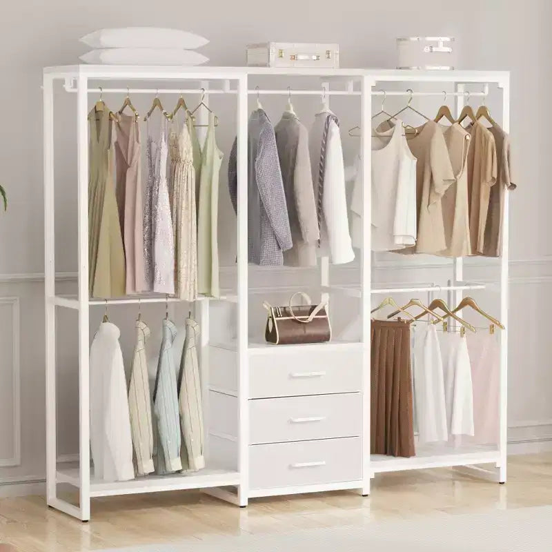 Portant à vêtements avec tiroirs en tissu, système d'organisation de placard autoportant
