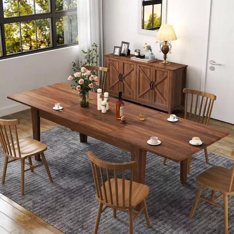 Table de cuisine extensible moderne de 270,5 cm avec grand plateau, table à manger avec pieds épais, table pliable pour salon, salle à manger, noyer