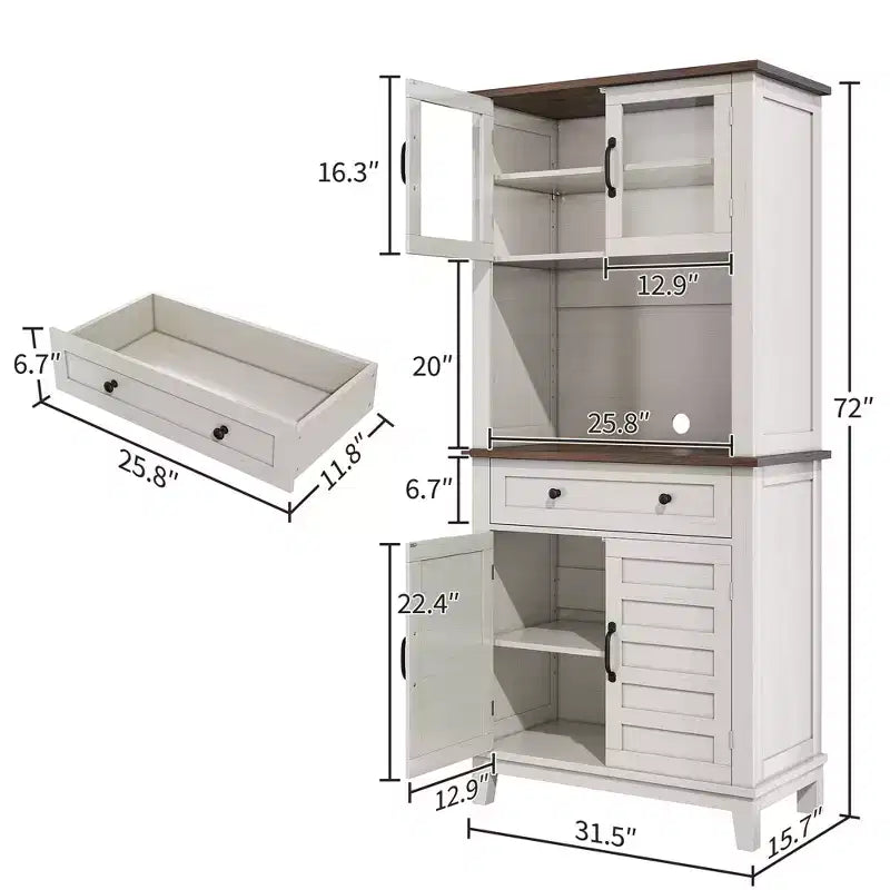 Meuble de rangement de cuisine avec portes vitrées et tiroirs, étagères réglables pour bar à café, salle à manger, style rustique