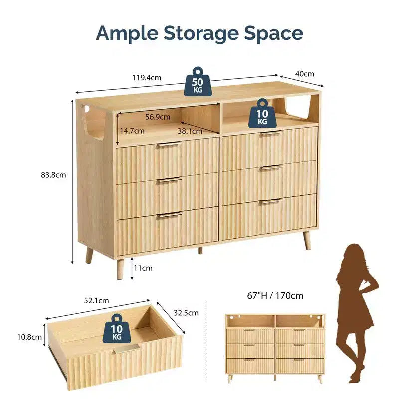 Commode 6 tiroirs avec panneau cannelé et lumière LED RVB 119 cm L