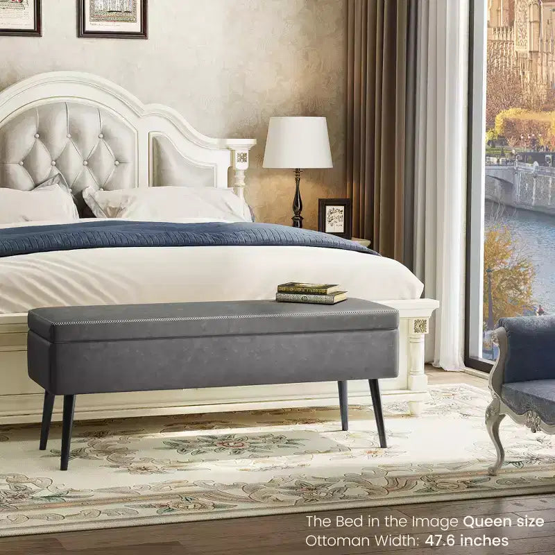 Banc ottoman Mid-Century Modern avec rangement, banquette à chaussures rembourrée en similicuir, rectangulaire, pour le pied de lit ou l'entrée, charnières de sécurité doubles.
