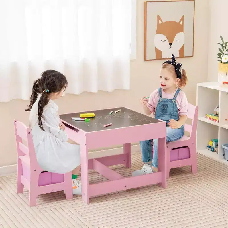 Table et Chaise d'Activités en Bois 3-en-1 avec Boîte de Rangement Rose