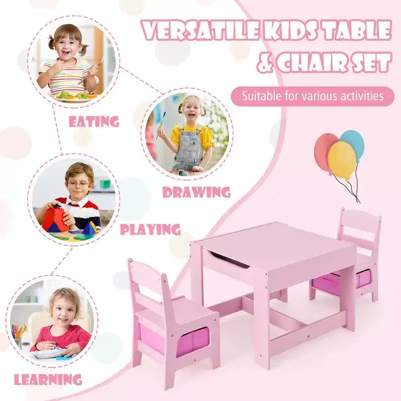 Table et Chaise d'Activités en Bois 3-en-1 avec Boîte de Rangement Rose